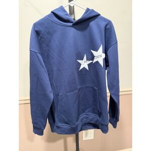 Aelfric Eden Mens Star Patch Hoodie Navy Blue White Oversized Streetwear Medium